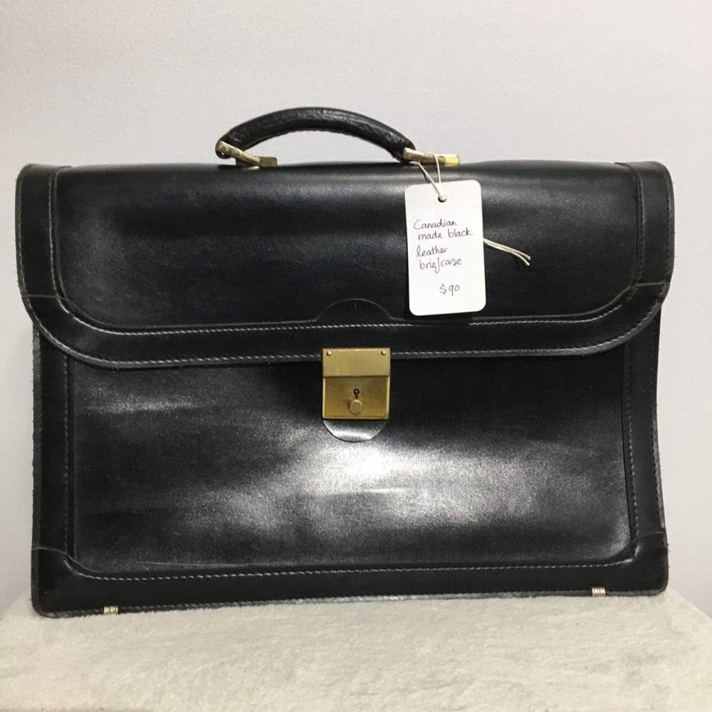 Vintage Black Leather Briefcase with Gold Hardware